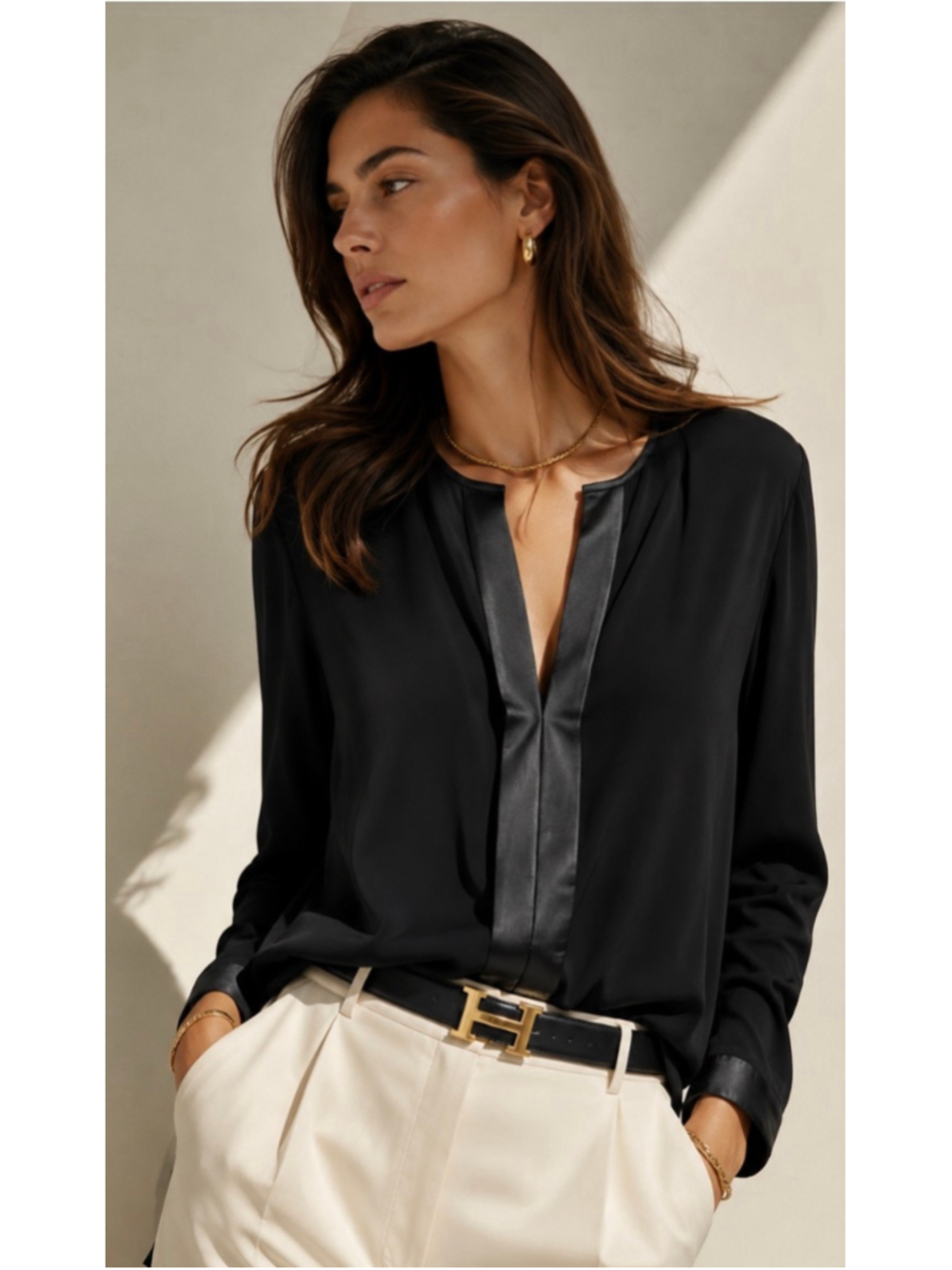 Ralph Lauren Black Silk & Lambskin Blouse Size 12 Luxury